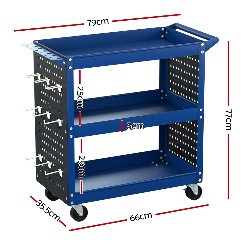 3-Tier Tool Cart Storage Trolley Workshop Garage Pegboard Hooks Blue