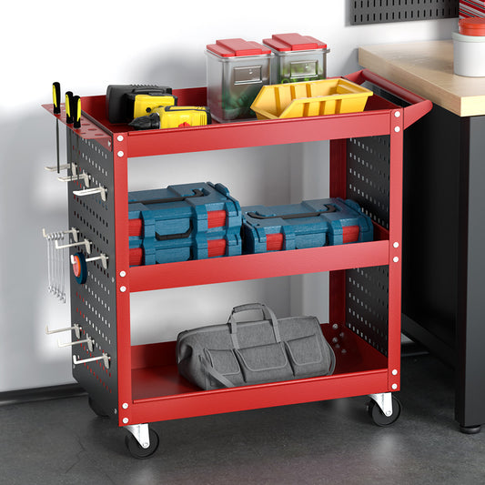 3-Tier Tool Cart Storage Trolley Workshop Garage Pegboard Hooks - Red