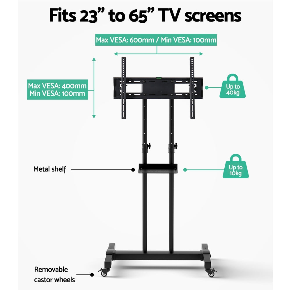 Steel Mobile TV Stand Cart Height-adjust up to 65" screens 40kg