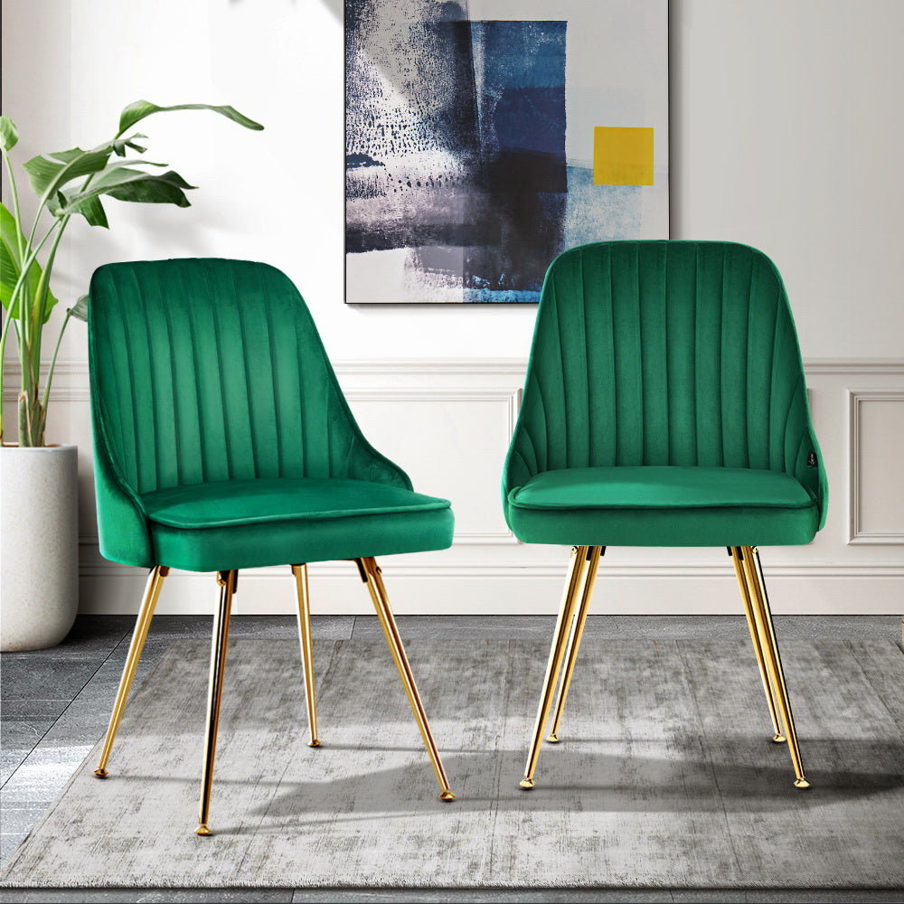 Brynlee Set of 2 Dining Chairs Retro Cafe Kitchen Modern Metal Legs Velvet - Green