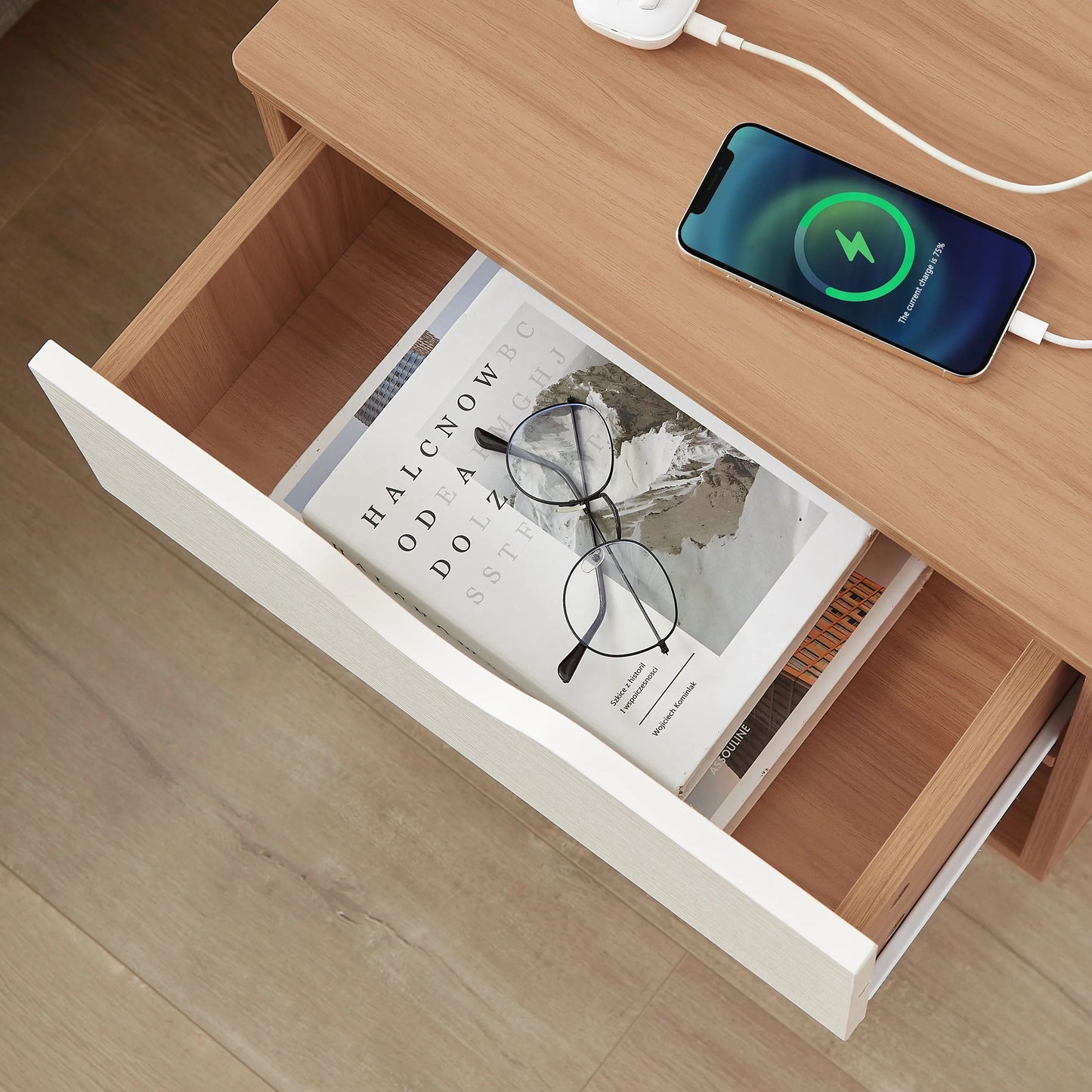 Whistler Bedside Tables Powerboard & USB Ports - Wood & White