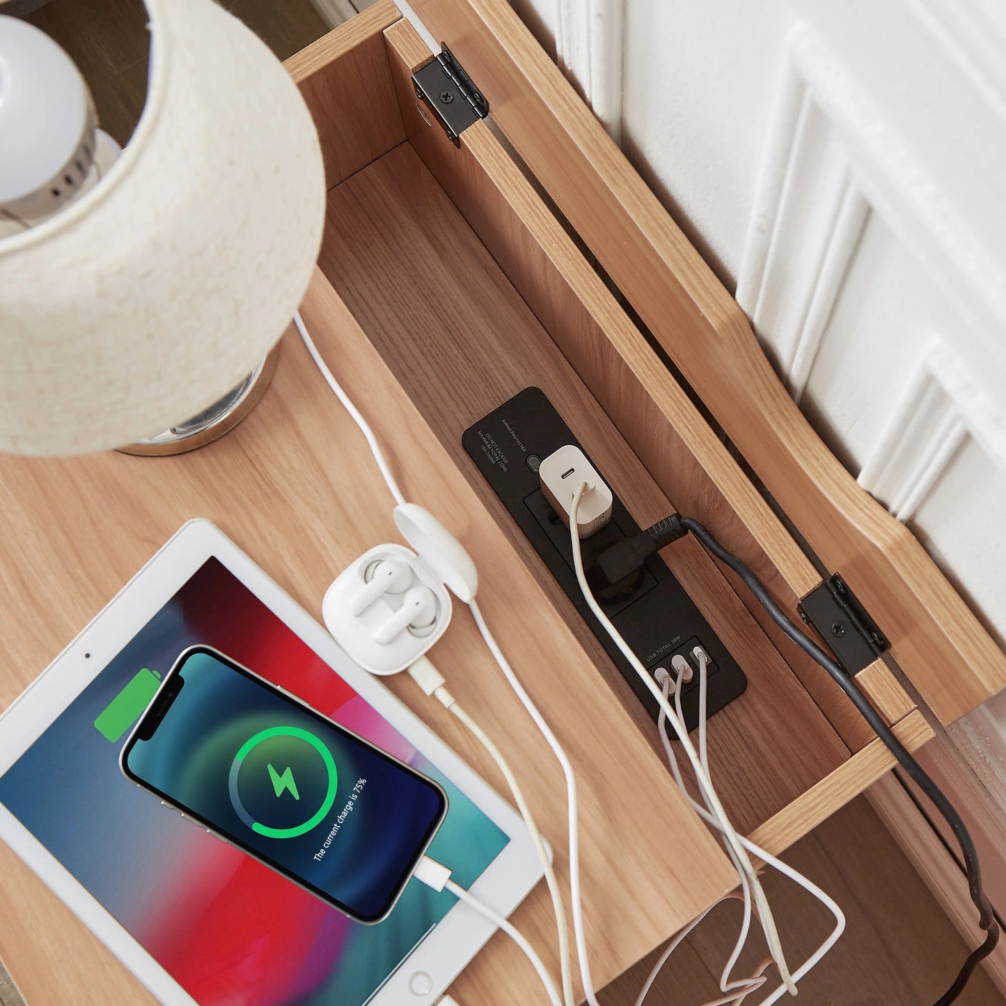 Whistler Bedside Tables Powerboard & USB Ports - Wood & White