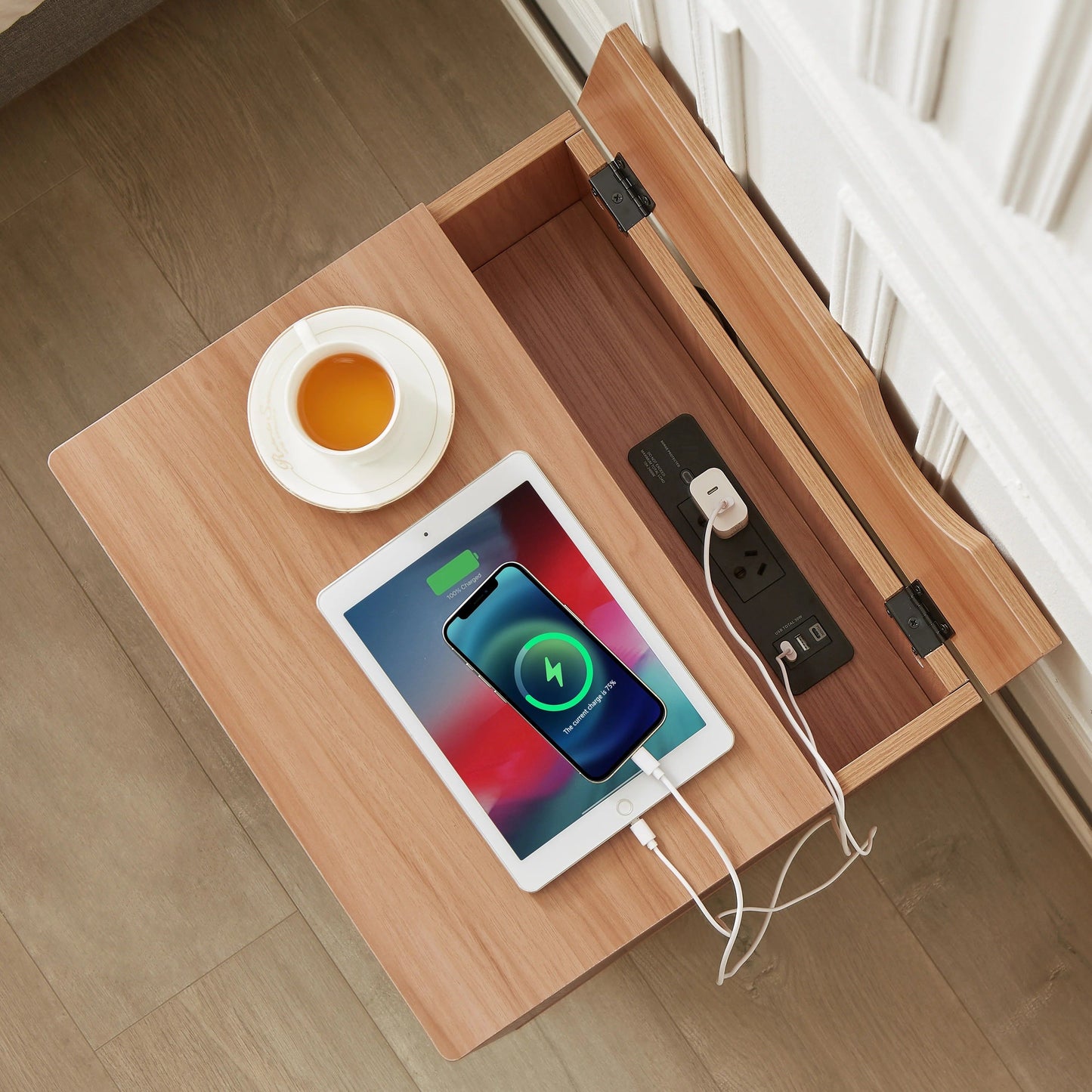 Whistler Bedside Tables Powerboard & USB Ports - Wood & White