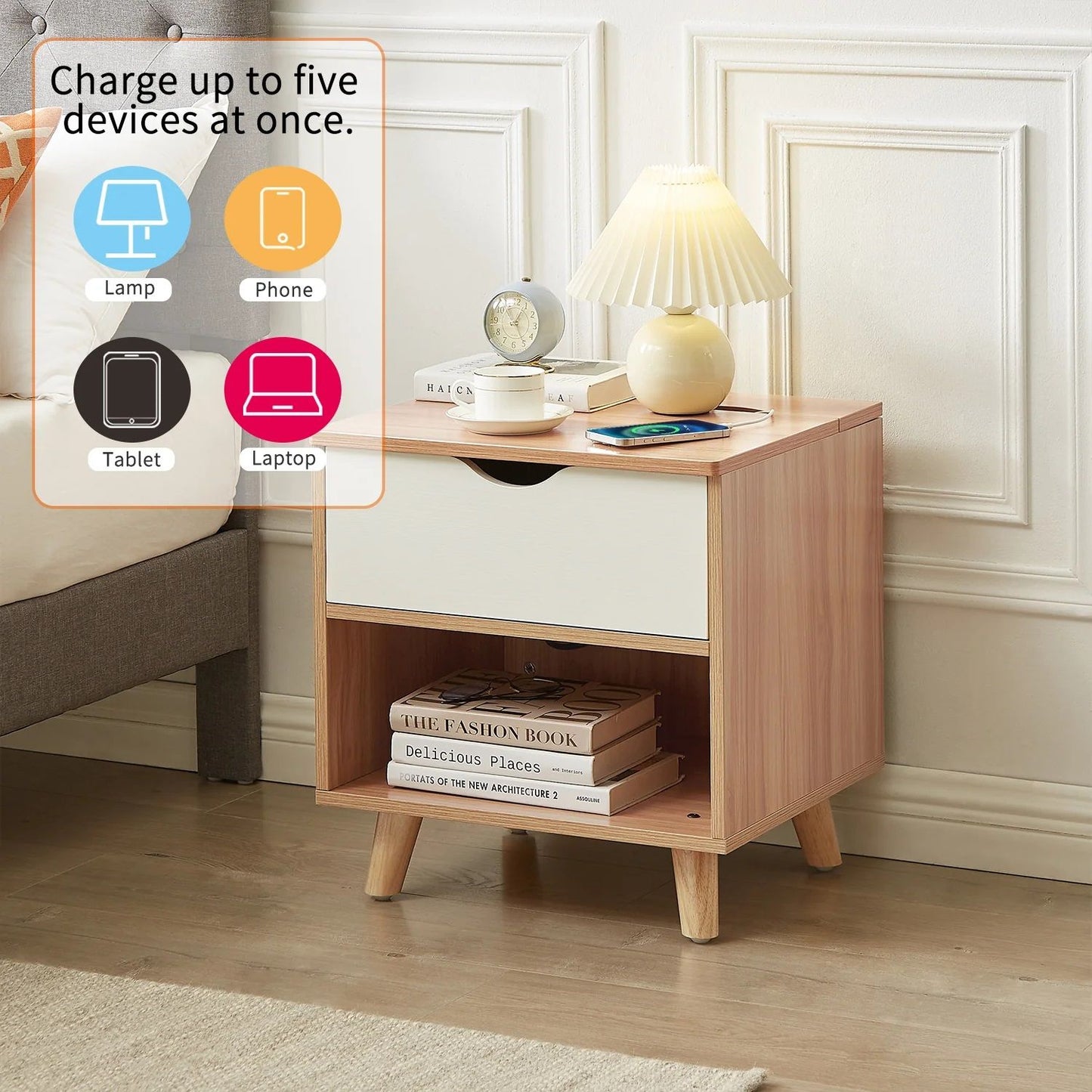 Whistler Bedside Tables Powerboard & USB Ports - Wood & White