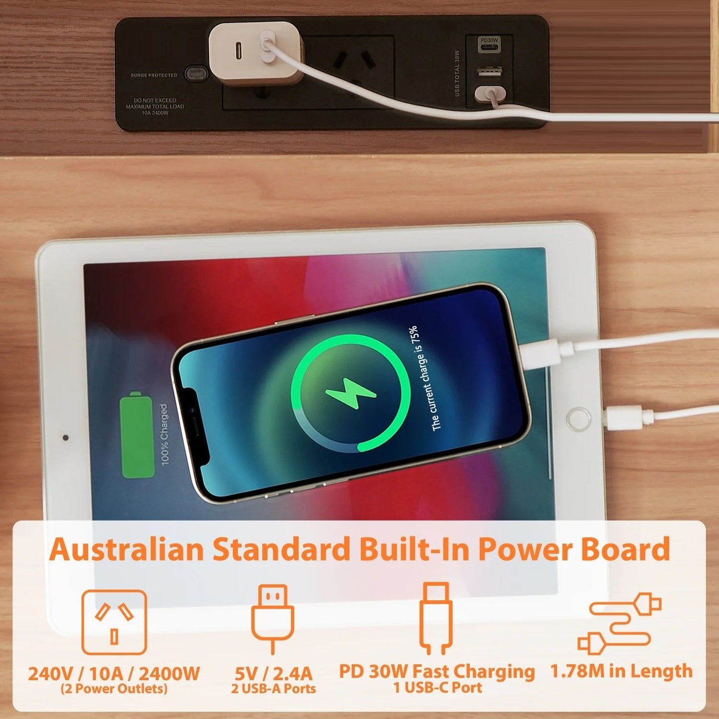 Whistler Bedside Tables Powerboard & USB Ports - Wood & White