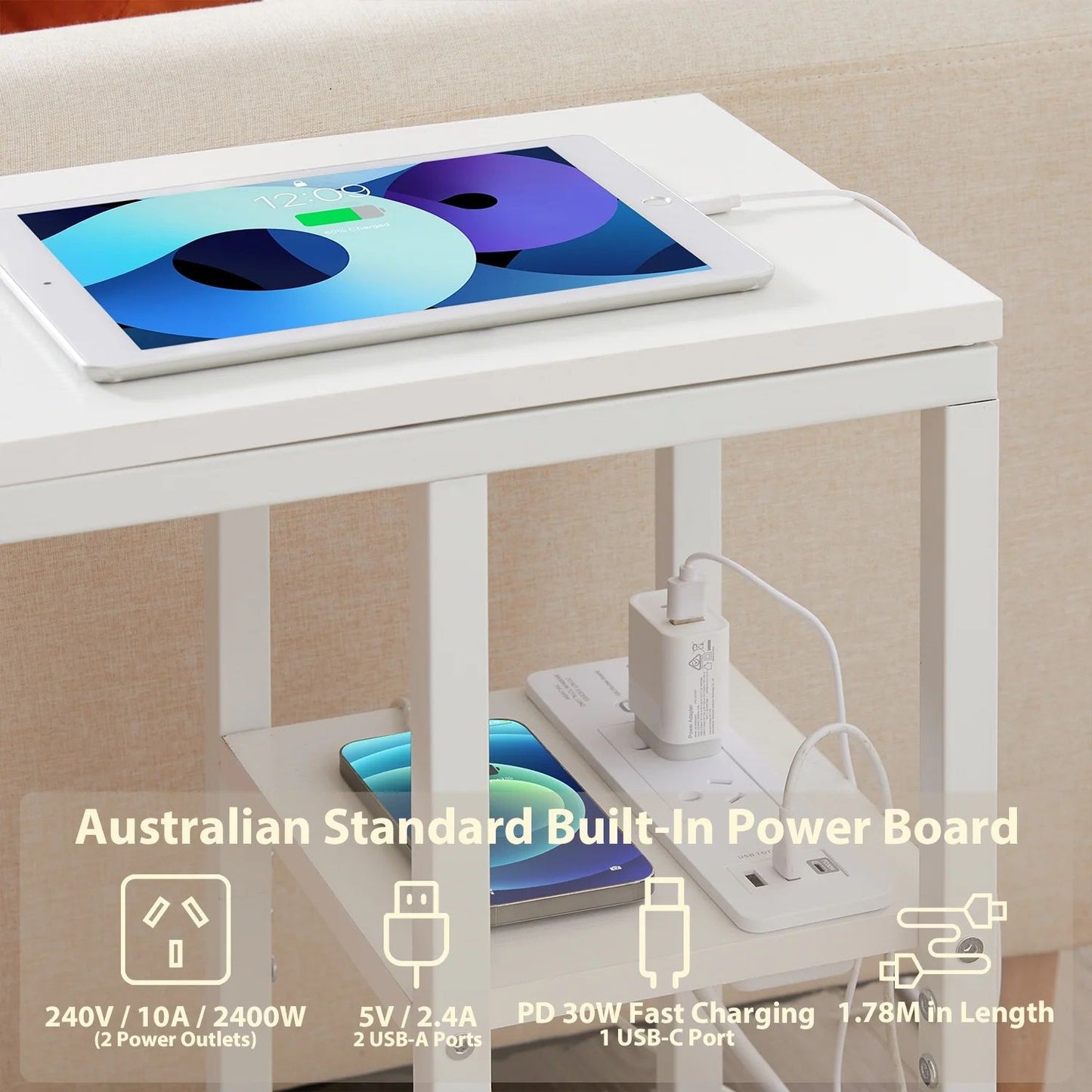 Rideau Bedside Tables with Power Chic Look - White
