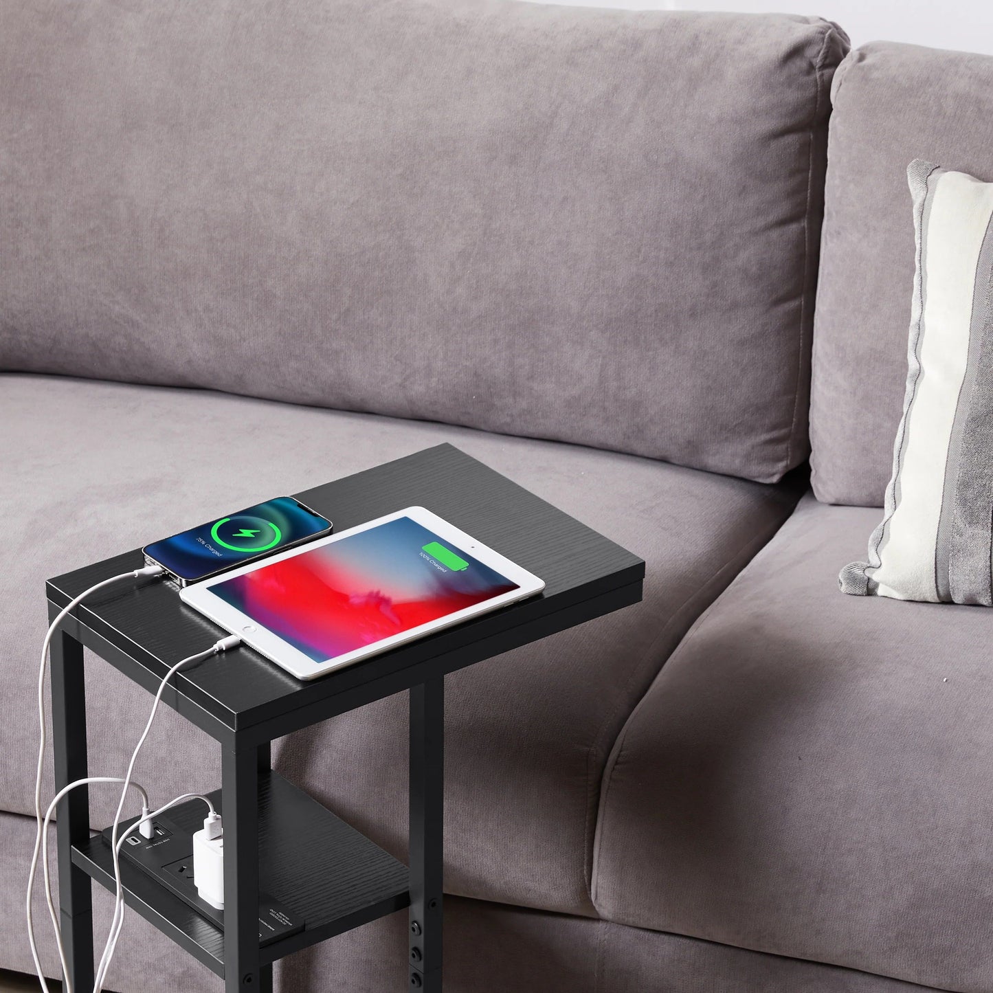 Ismini E-Shaped Sofa Coffee Table with Power Board - Black