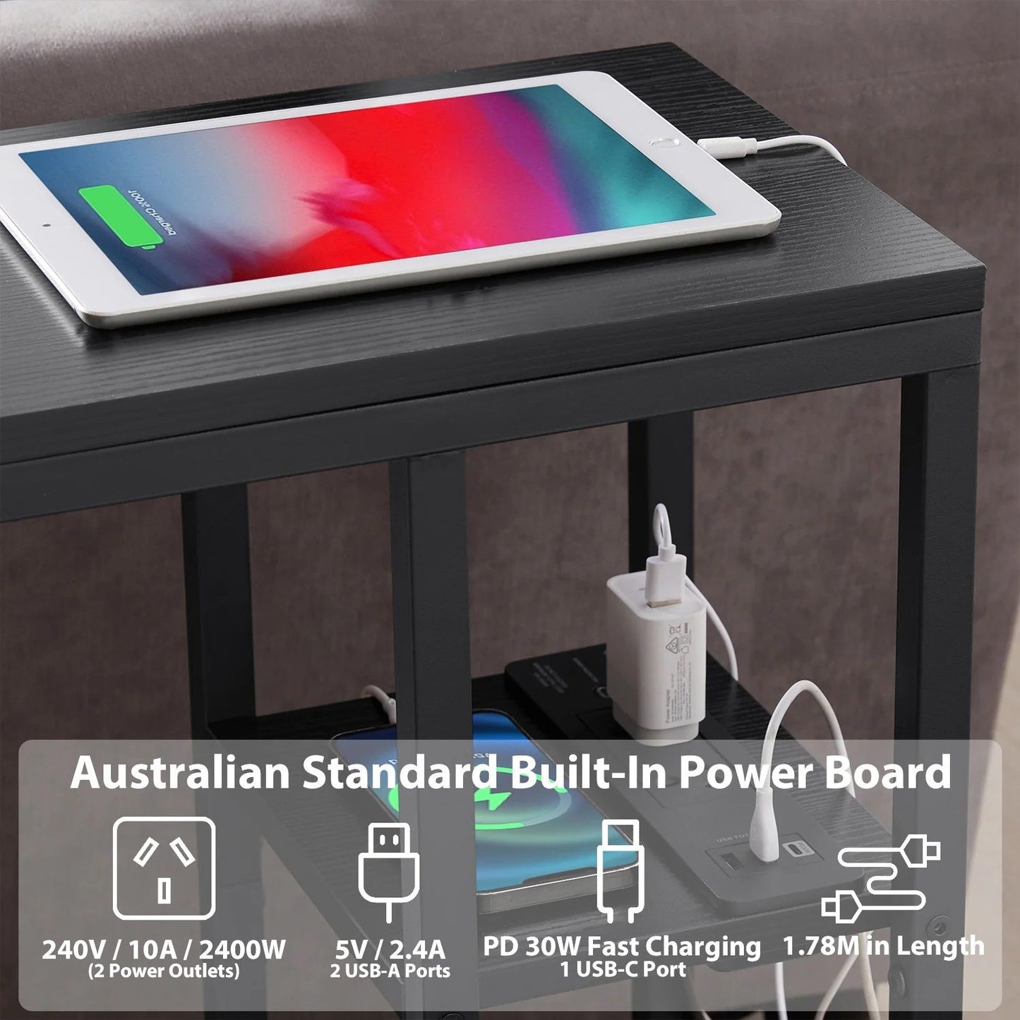 Ismini E-Shaped Sofa Coffee Table with Power Board - Black