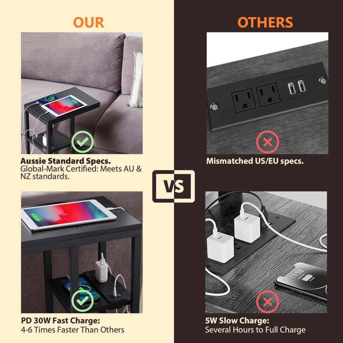 Ismini E-Shaped Sofa Coffee Table with Power Board - Black