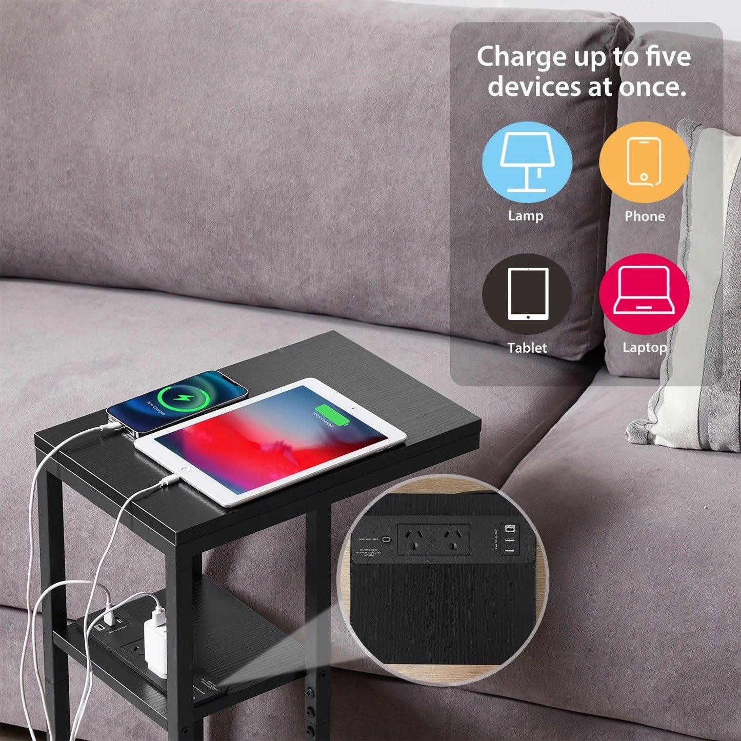 Ismini E-Shaped Sofa Coffee Table with Power Board - Black