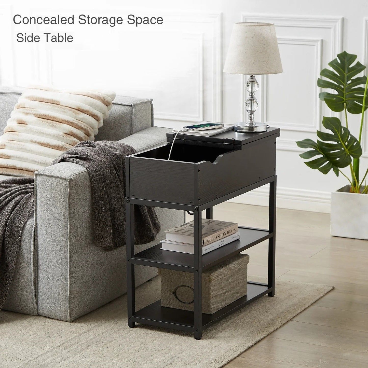 Ismene Compact 3-Tier Sofa Side End Table with Powerboard - Black