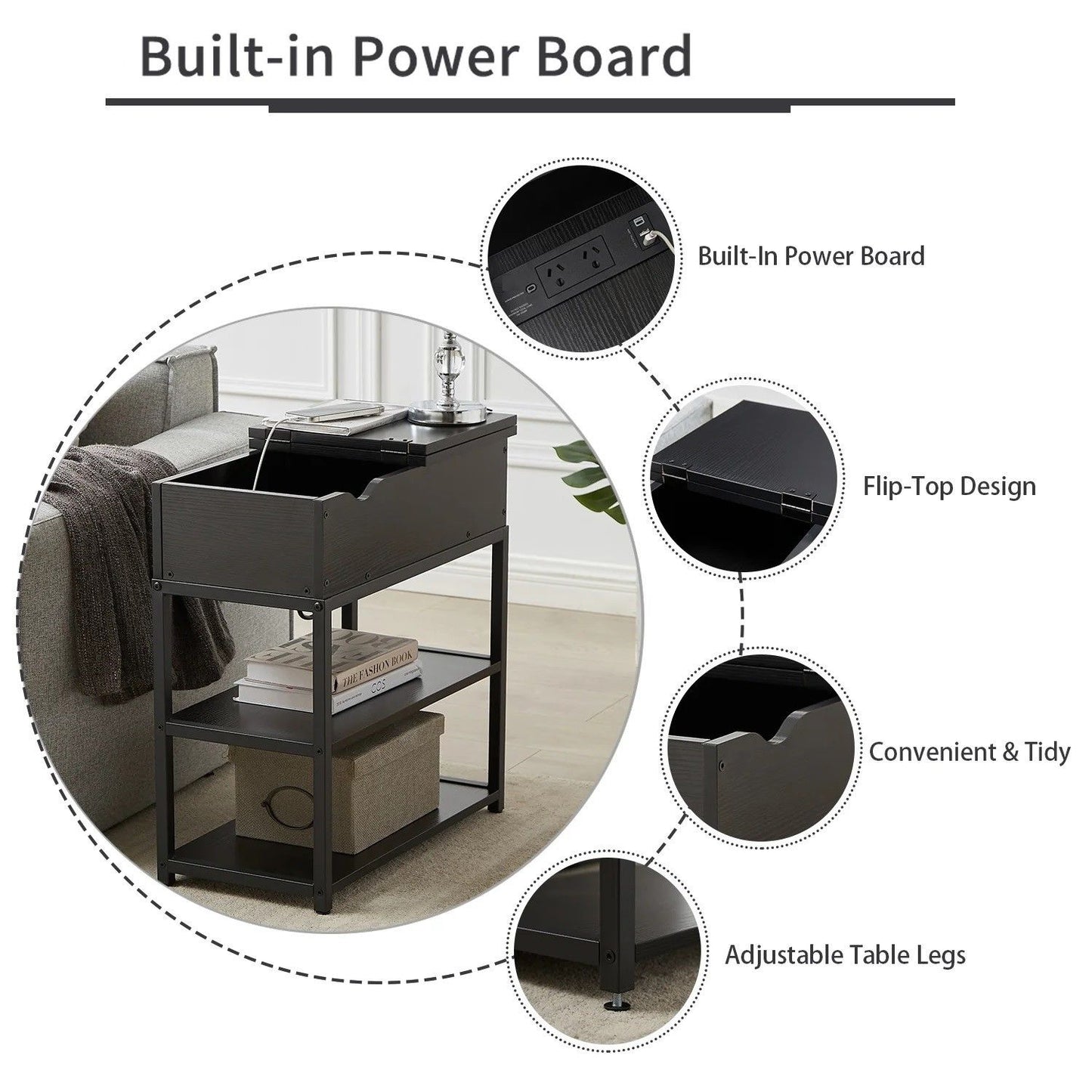 Ismene Compact 3-Tier Sofa Side End Table with Powerboard - Black