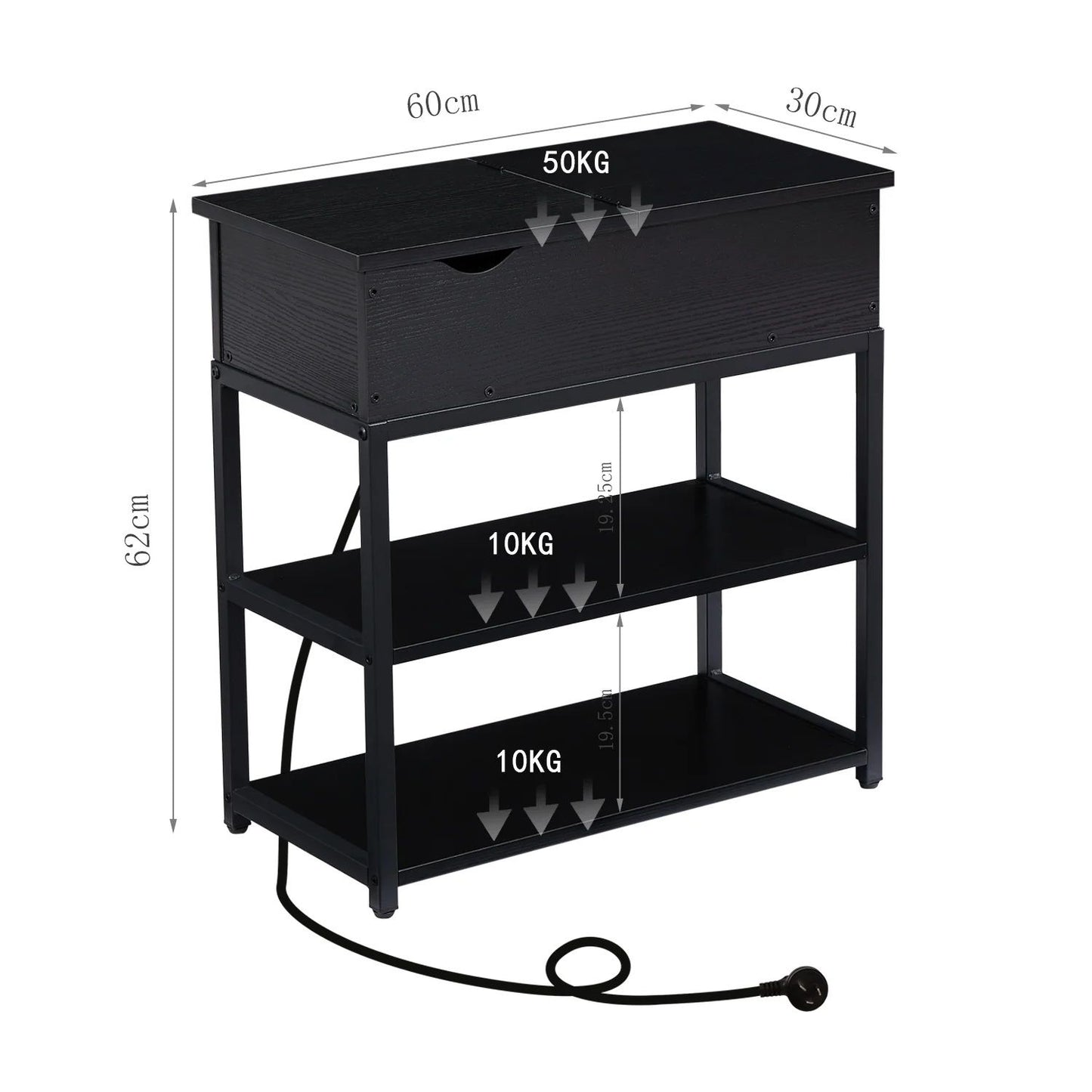 Ismene Compact 3-Tier Sofa Side End Table with Powerboard - Black