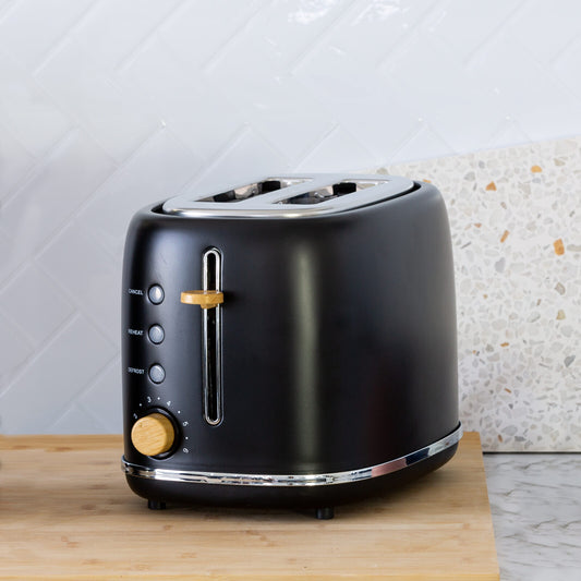 2-Slice Bread Toaster in Black with Wood Accents