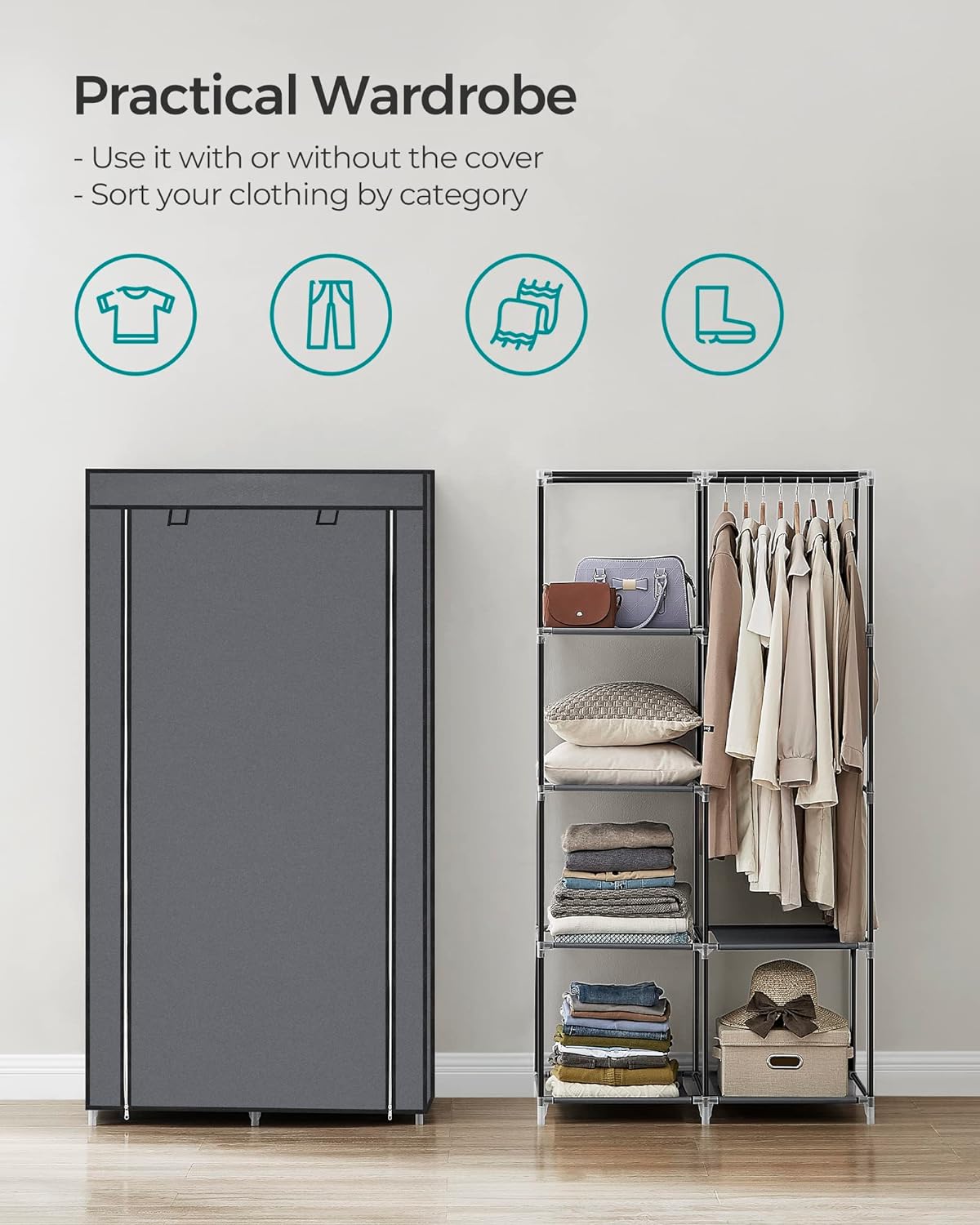Portable Clothes Storage with 6 Shelves and 1 Clothes Hanging Rail - Grey