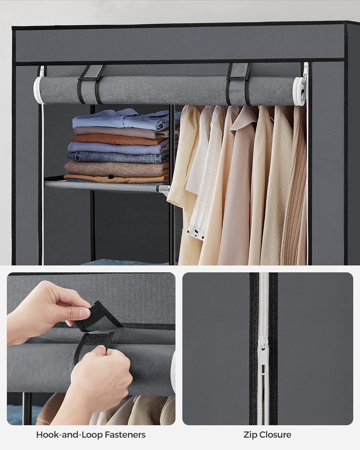 Portable Clothes Storage with 6 Shelves and 1 Clothes Hanging Rail - Grey