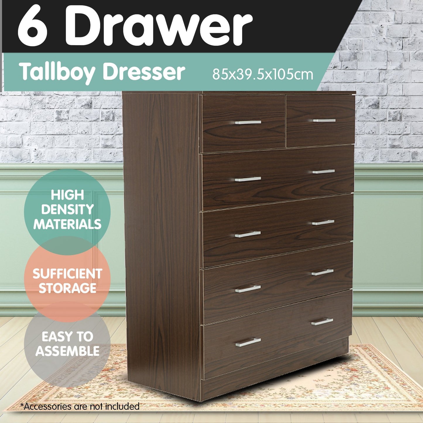 Tallboy Dresser 6 Chest Of Drawers Cabinet 85 X 39.5 X 105 - Brown