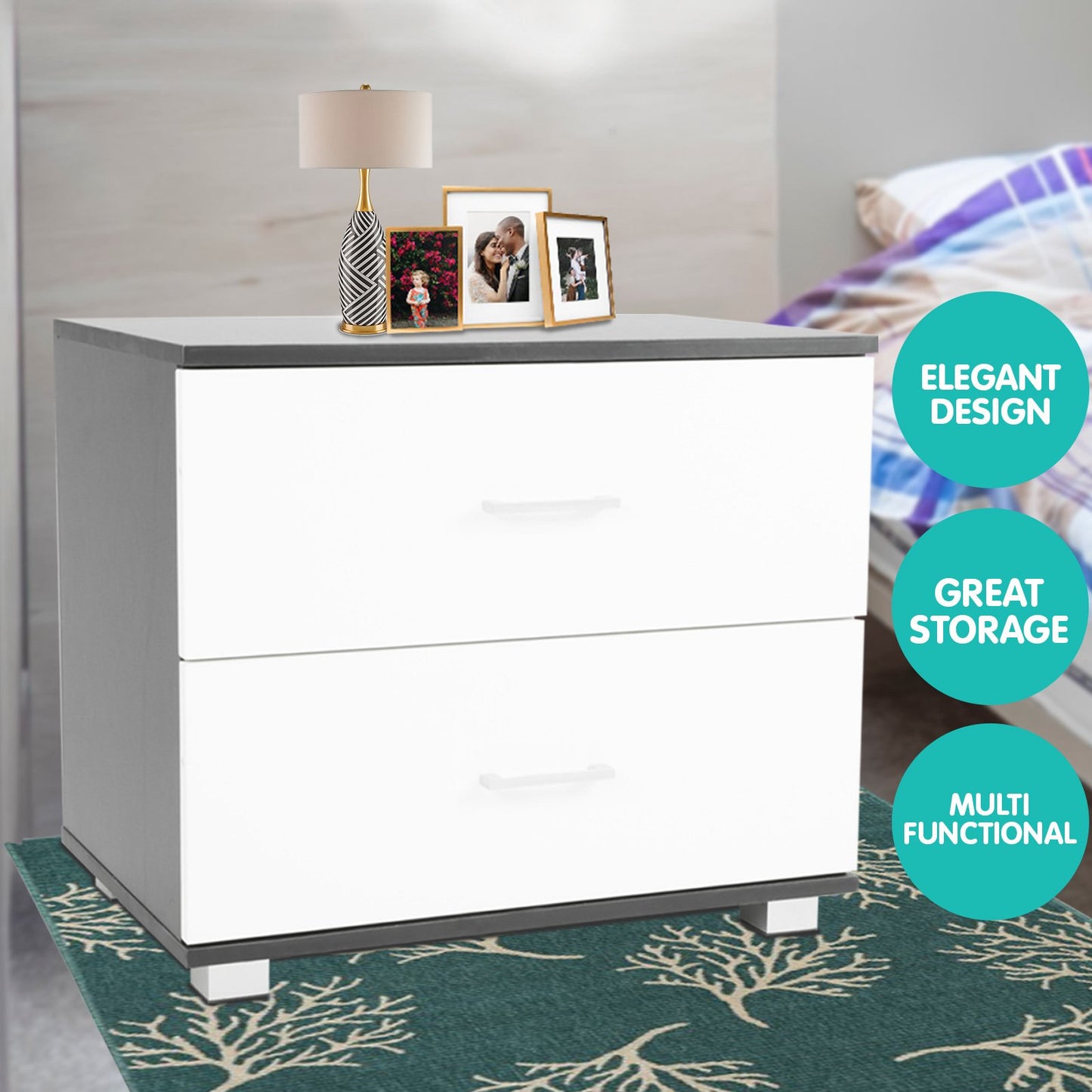 Bedside Table Cabinet Storage Chest 2 Drawers Lamp Side Nightstand White Black