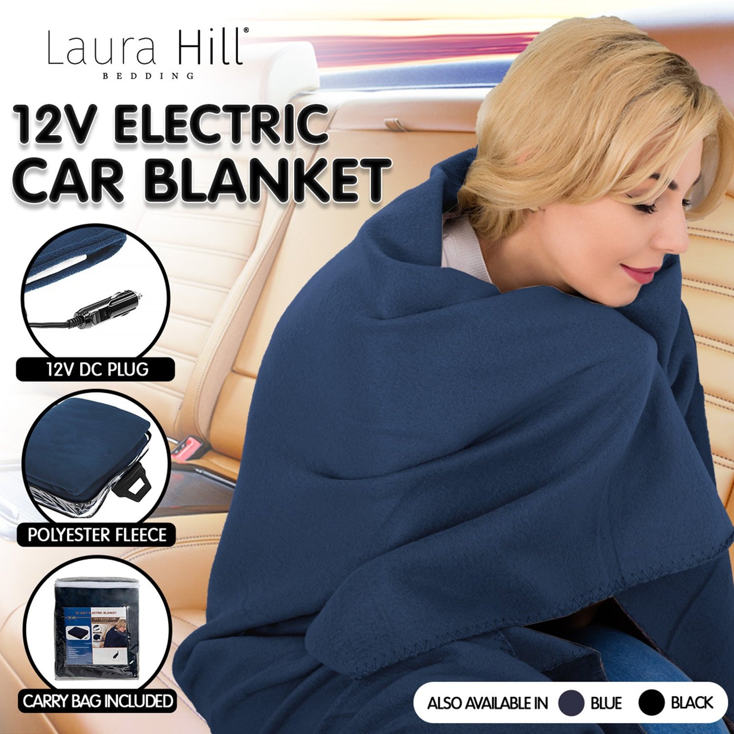 Heated Electric Car Blanket 150x110cm 12V - Navy Blue