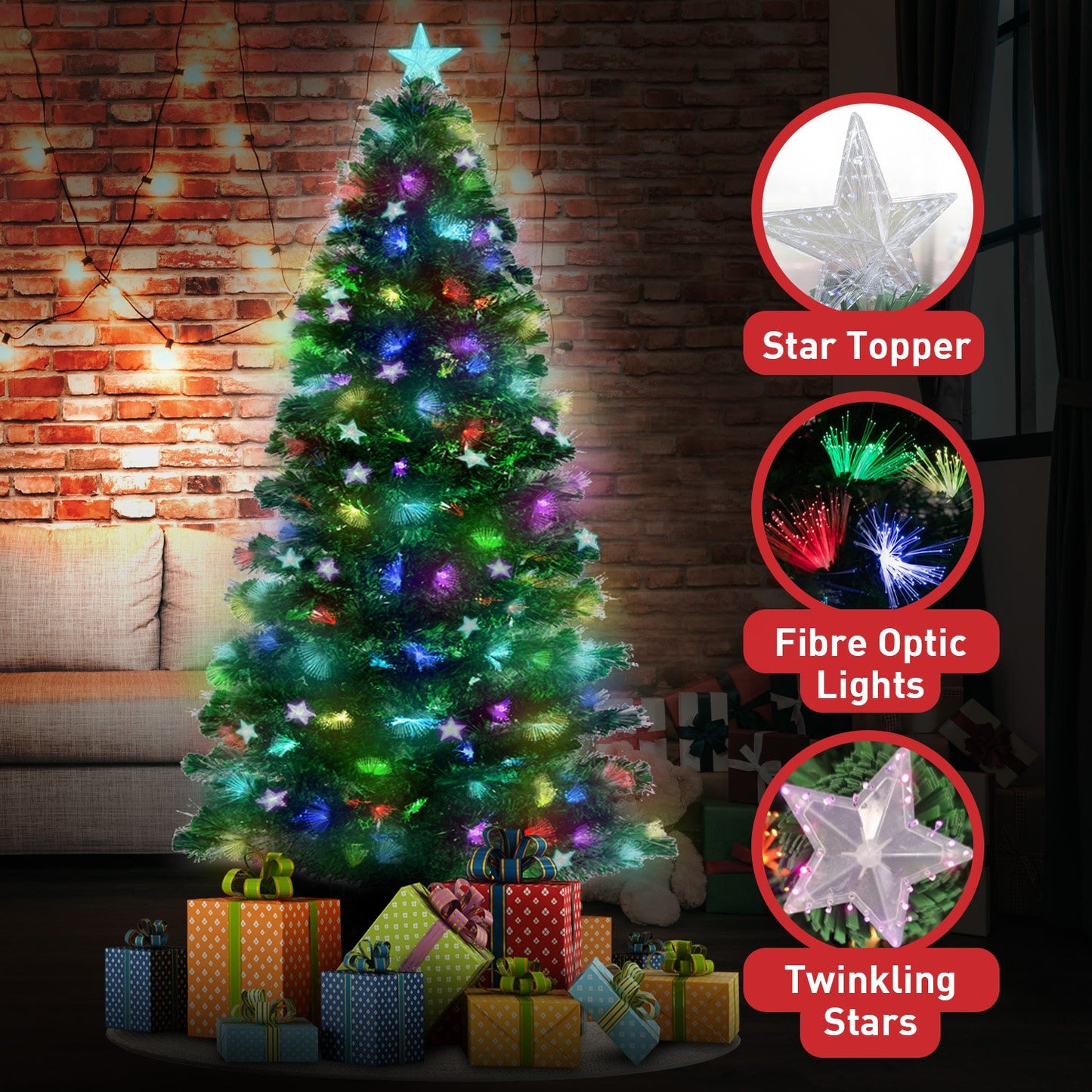 4ft 1.2m 150 Tips Enchanted Pre Lit Fibre Optic Christmas Tree Stars Xmas Decor