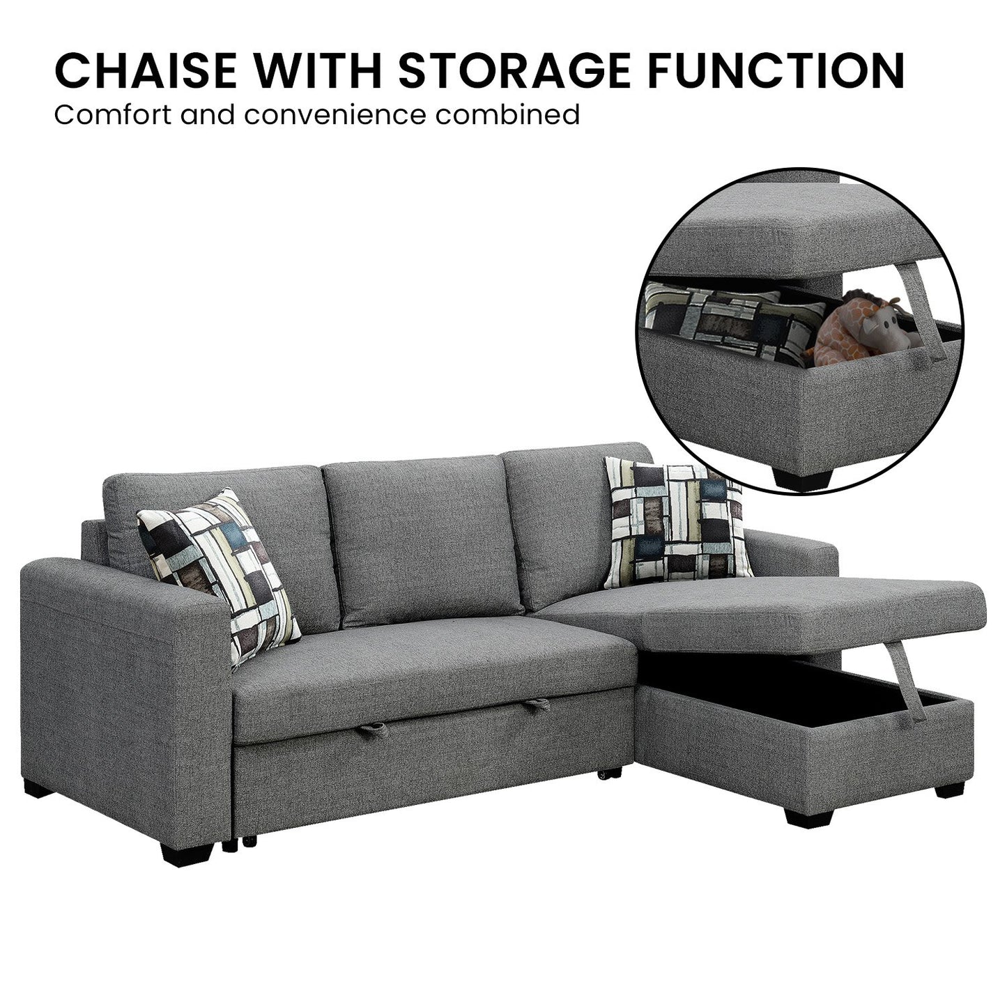 Meshi 3-Seater Pullout Sofa Bed with Storage Chaise Lounge - Grey