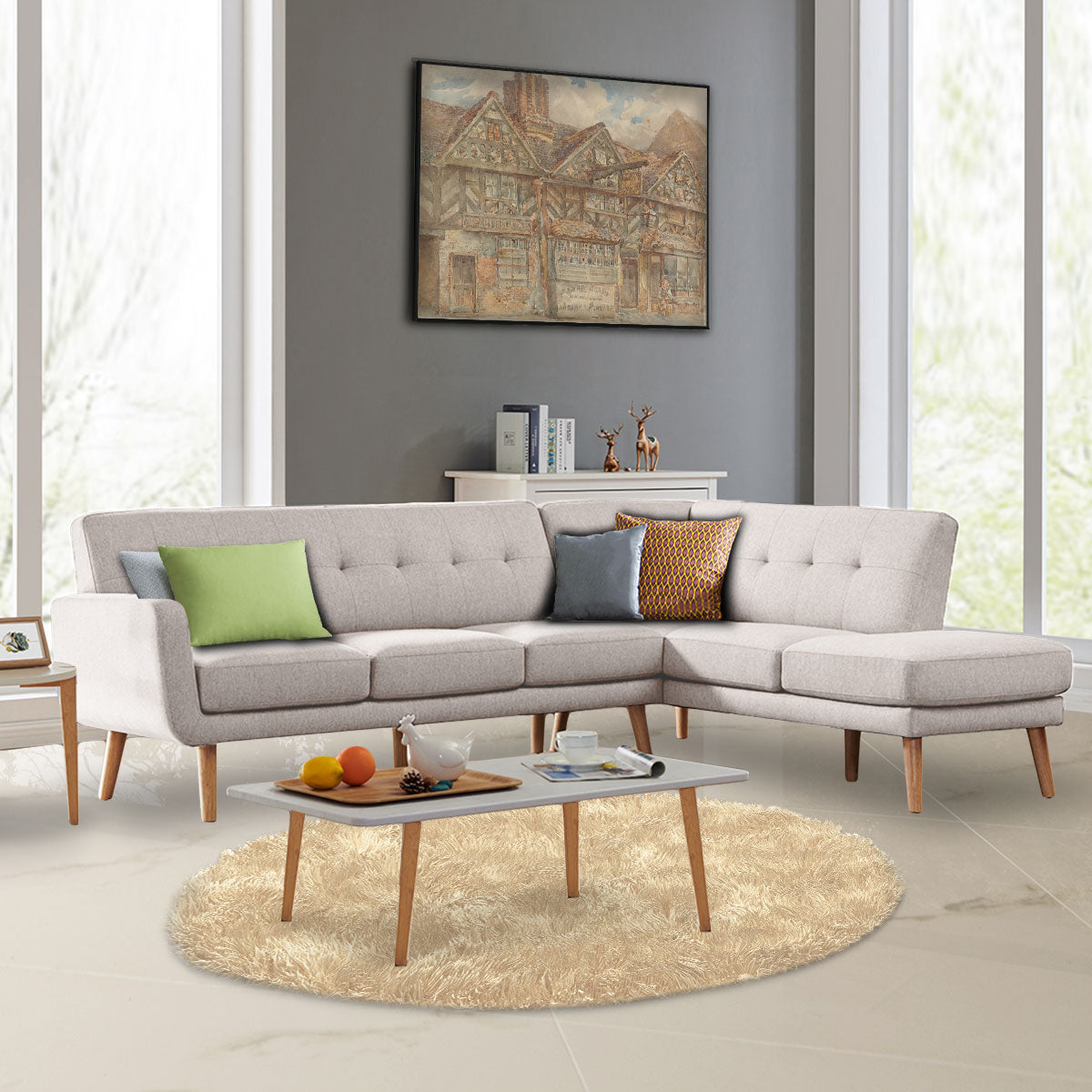 Marisol 6-Seater L-Shaped Faux Linen Wooden Corner Sofa with Right Chaise - Light Grey