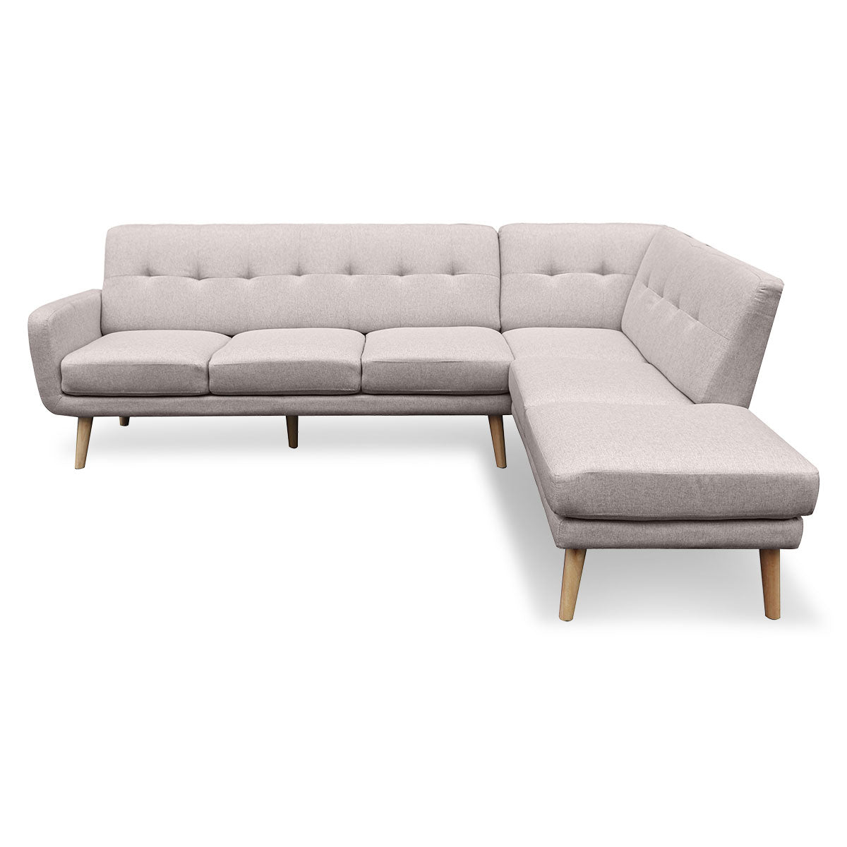 Marisol 6-Seater L-Shaped Faux Linen Wooden Corner Sofa with Right Chaise - Light Grey