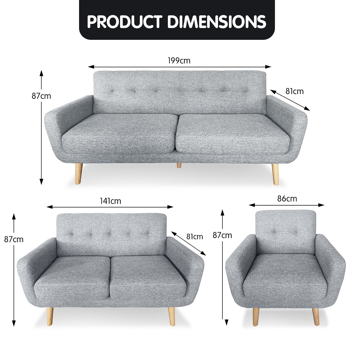 Maya 6-Seater Linen Futon Couch Sofa Set - Light Grey
