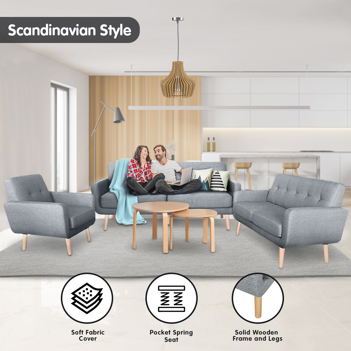 Maya 6-Seater Linen Futon Couch Sofa Set - Light Grey