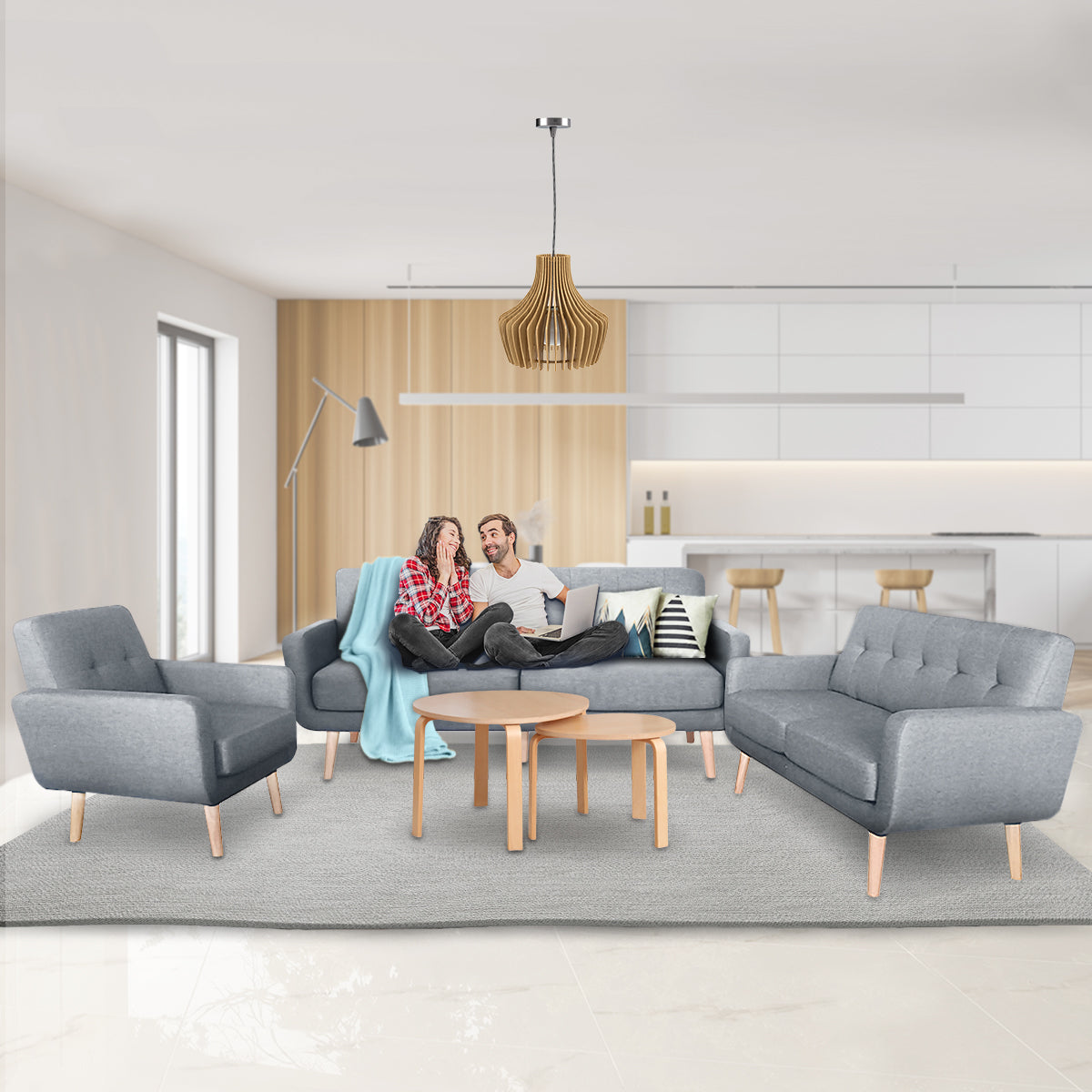 Maya 6-Seater Linen Futon Couch Sofa Set - Light Grey