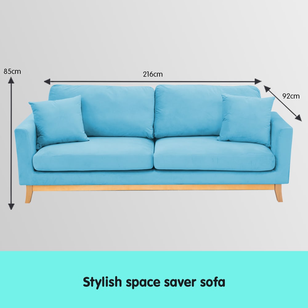 Molly 3-Seater Faux Velvet Wooden Sofa Bed Couch - Blue