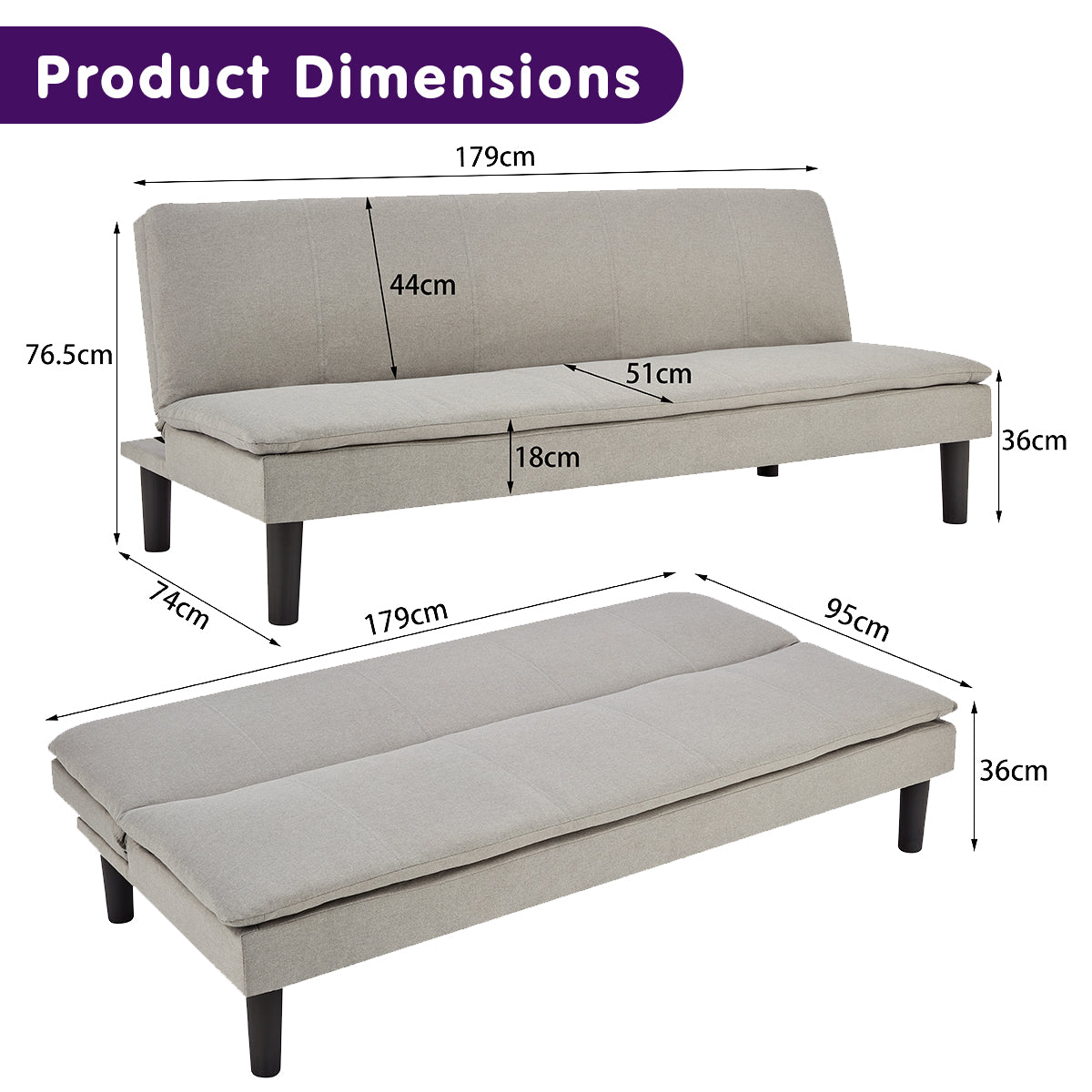 Monroe 3-Seater Faux Linen Fabric Modular Sofa Bed Couch - Light Grey
