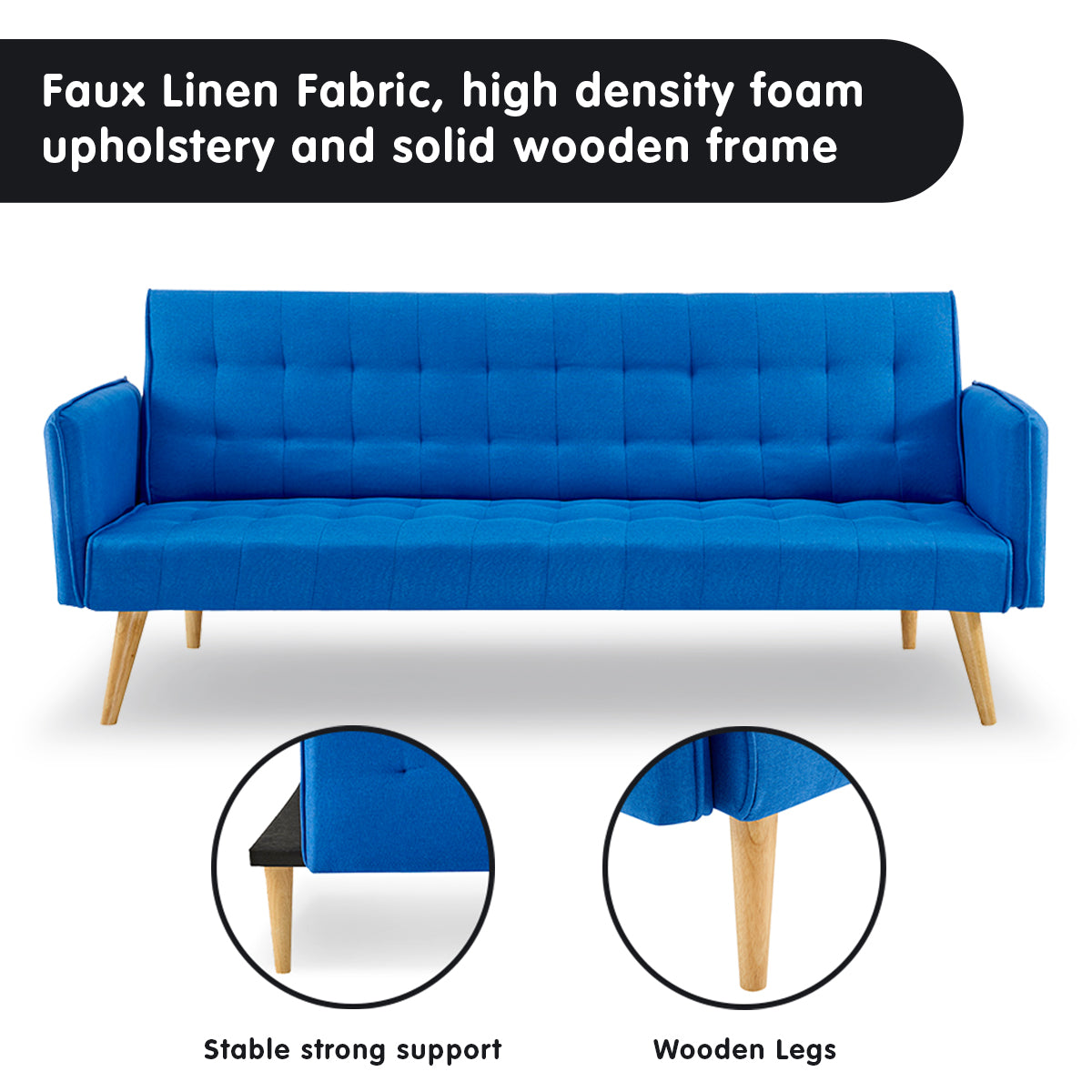 Magnolia 3-Seater Linen Fabric Armrest Modular Sofa Bed Couch - Blue