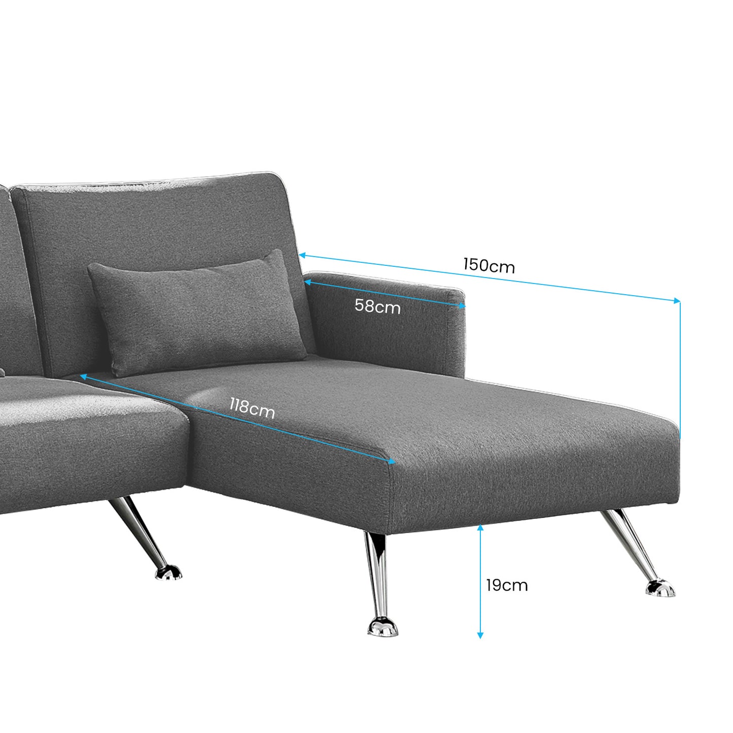 Merritt 3-Seater Chaise Sofa Bed with 3 Pillows - Dark Grey