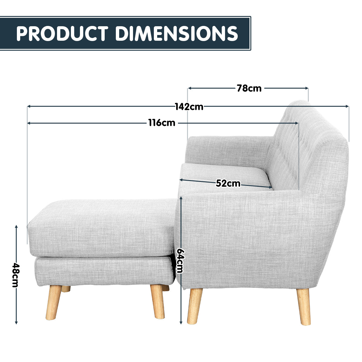 Mirren 3-Seater L-Shaped Linen Corner Wooden Sofa Lounge Left Chaise - Light Grey