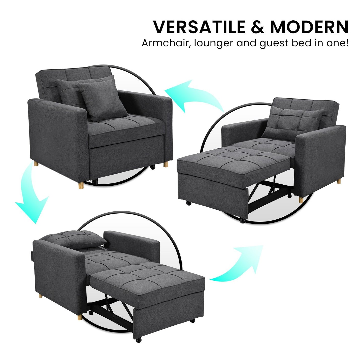 Mindy 3-in-1 Convertible Lounge Chair Bed - Dark Grey
