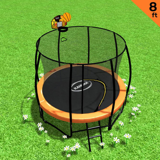 8ft Outdoor Orange Trampoline For Kids And Children Suited For Fitness Exercise Gymnastics With Safety Enclosure Basketball Hoop Set