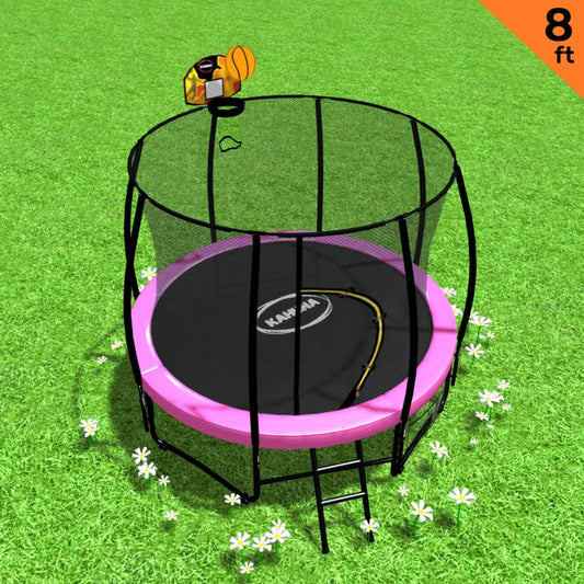 Kahuna Trampoline for Kids 8FT Outdoor Children with Safety Enclosure Mat Pad Net Ladder Basketball Hoop Set - Pink