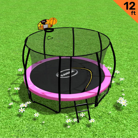 Kahuna Trampoline for Kids 12FT Outdoor Children with Safety Enclosure Pad Mat Ladder Basketball Hoop Set - Pink