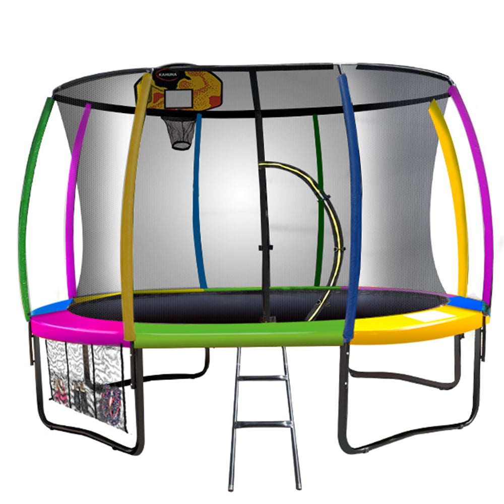 12ft Outdoor Trampoline Kids Children With Safety Enclosure Pad Mat Ladder Basketball Hoop Set - Rainbow