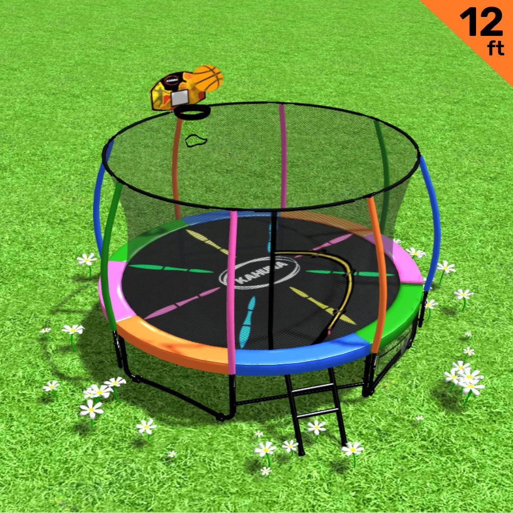 12ft Outdoor Trampoline Kids Children With Safety Enclosure Pad Mat Ladder Basketball Hoop Set - Rainbow