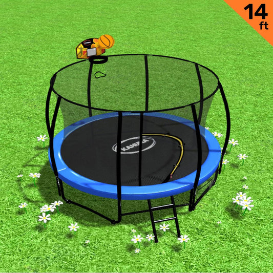 14ft Outdoor Trampoline Kids Children With Safety Enclosure Pad Mat Ladder Basketball Hoop Set - Blue