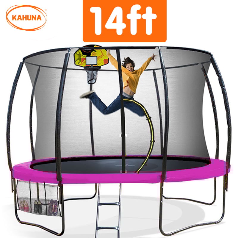 Kahuna Trampoline for Kids 14FT Outdoor Children with Safety Enclosure Pad Mat Ladder Basketball Hoop Set - Pink