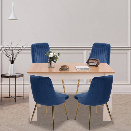 5-Piece Elvio Blue Dining Table & Chair Set Rectangular Velvet