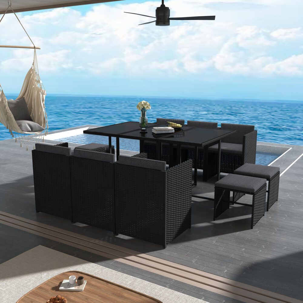 Drew 10-Seater Outdoor Furniture Setting 11-Piece Dining Set - Black