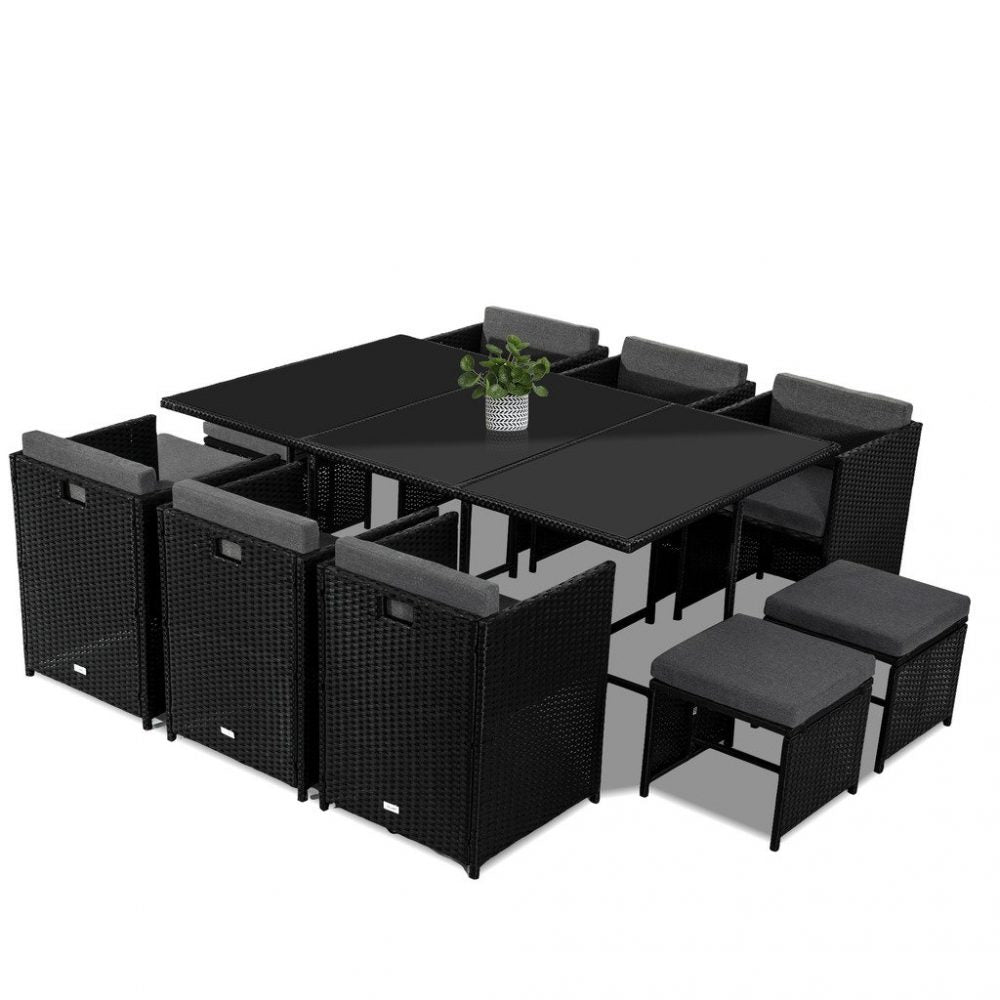 Drew 10-Seater Outdoor Furniture Setting 11-Piece Dining Set - Black