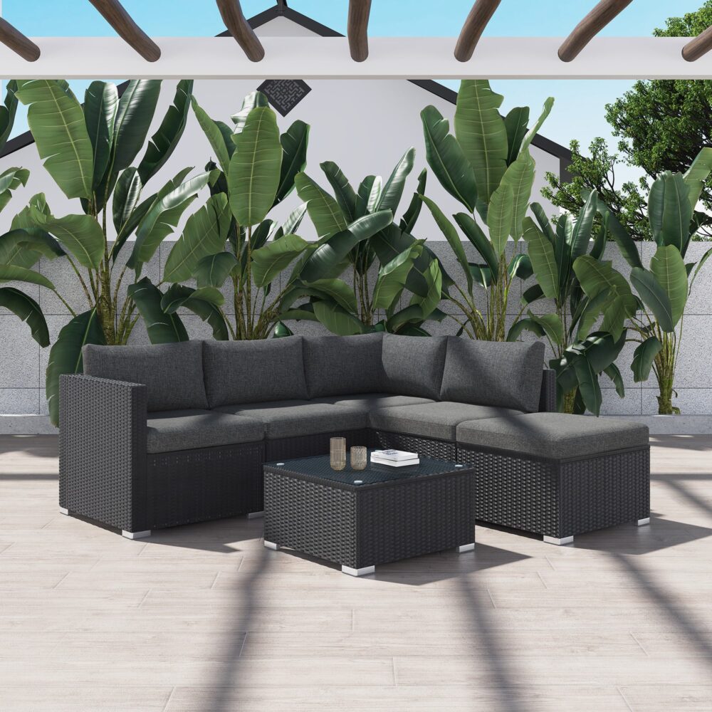 Perry 5-Seater Ottoman-Style Outdoor Lounge Set - Black