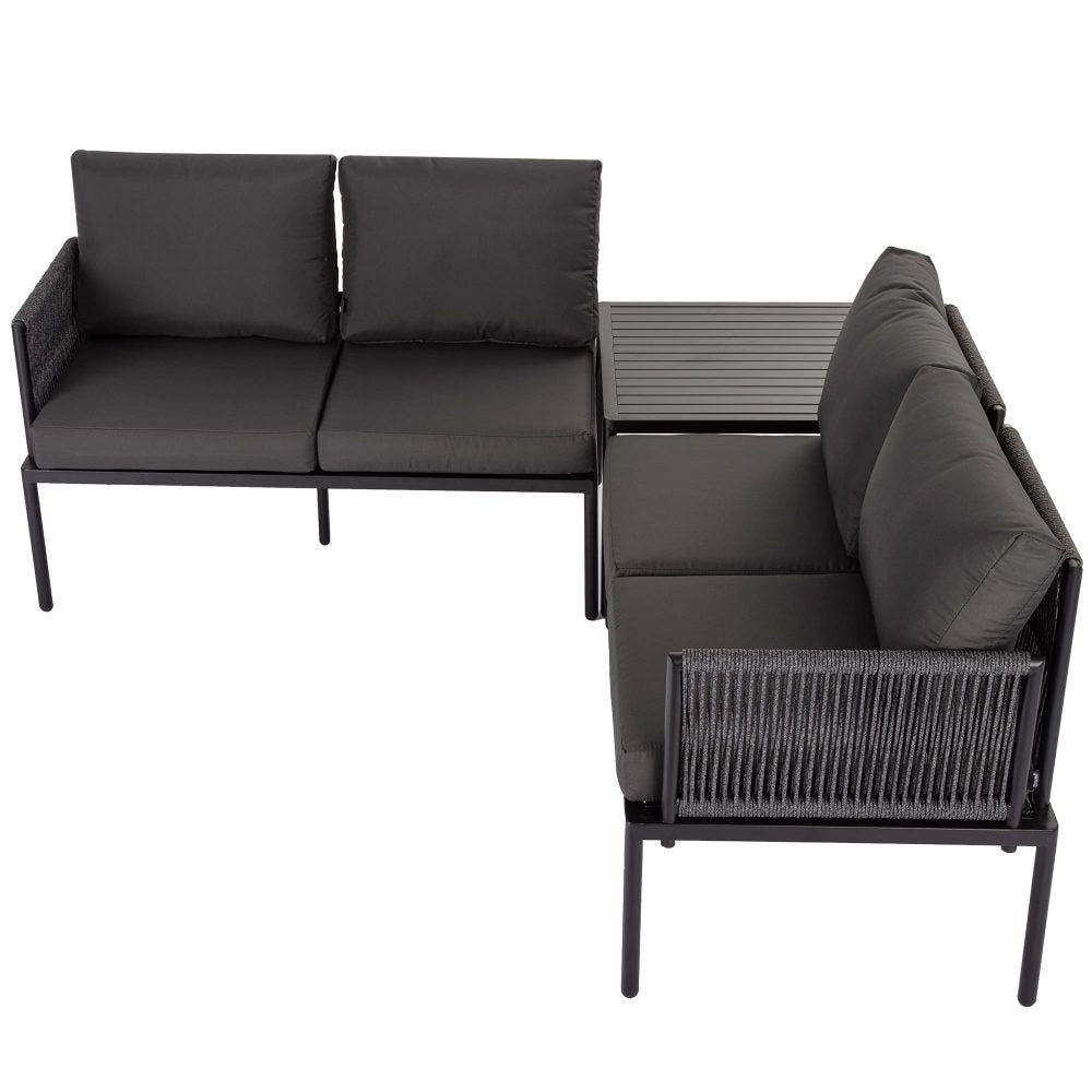 Cosmo 4-Seater with Coffee Table Stylish Textile and Rope Design 3-Piece Outdoor Lounge Set - Black