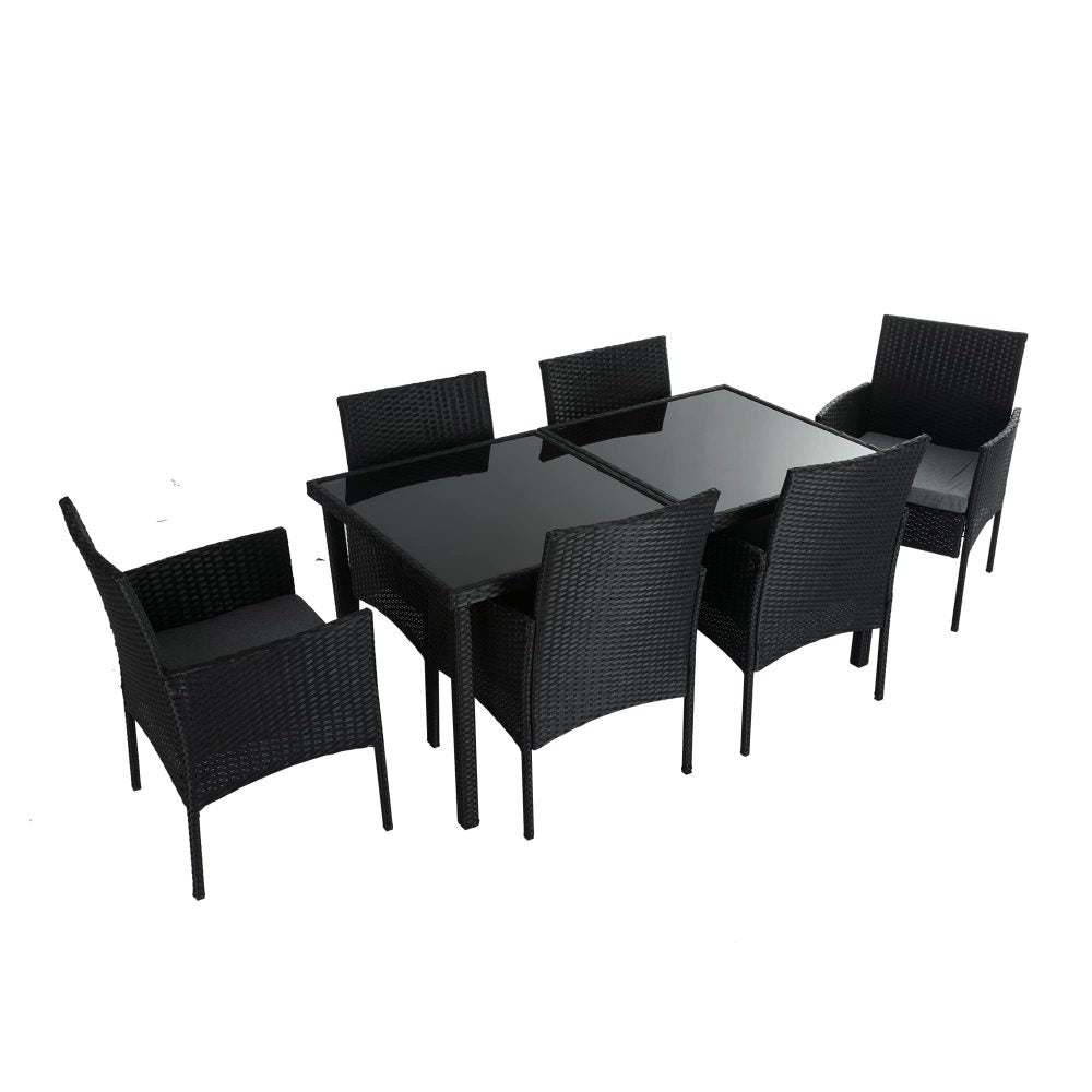 Larkin 6-Seater Minimalist Wicker 7-Piece Dining Set - Black