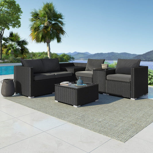Quincy 6-Seater Wicker Loveseat 7-Piece Outdoor Wicker with Storage Cover - Black